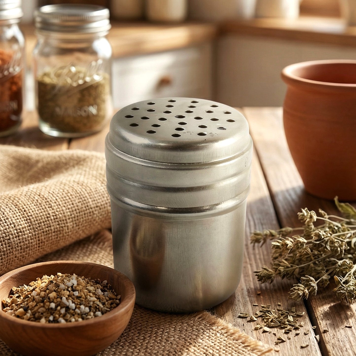 Stainless steel spice shaker container by Wukusy, 1-piece, with a sleek, durable design for storing and dispensing spices.