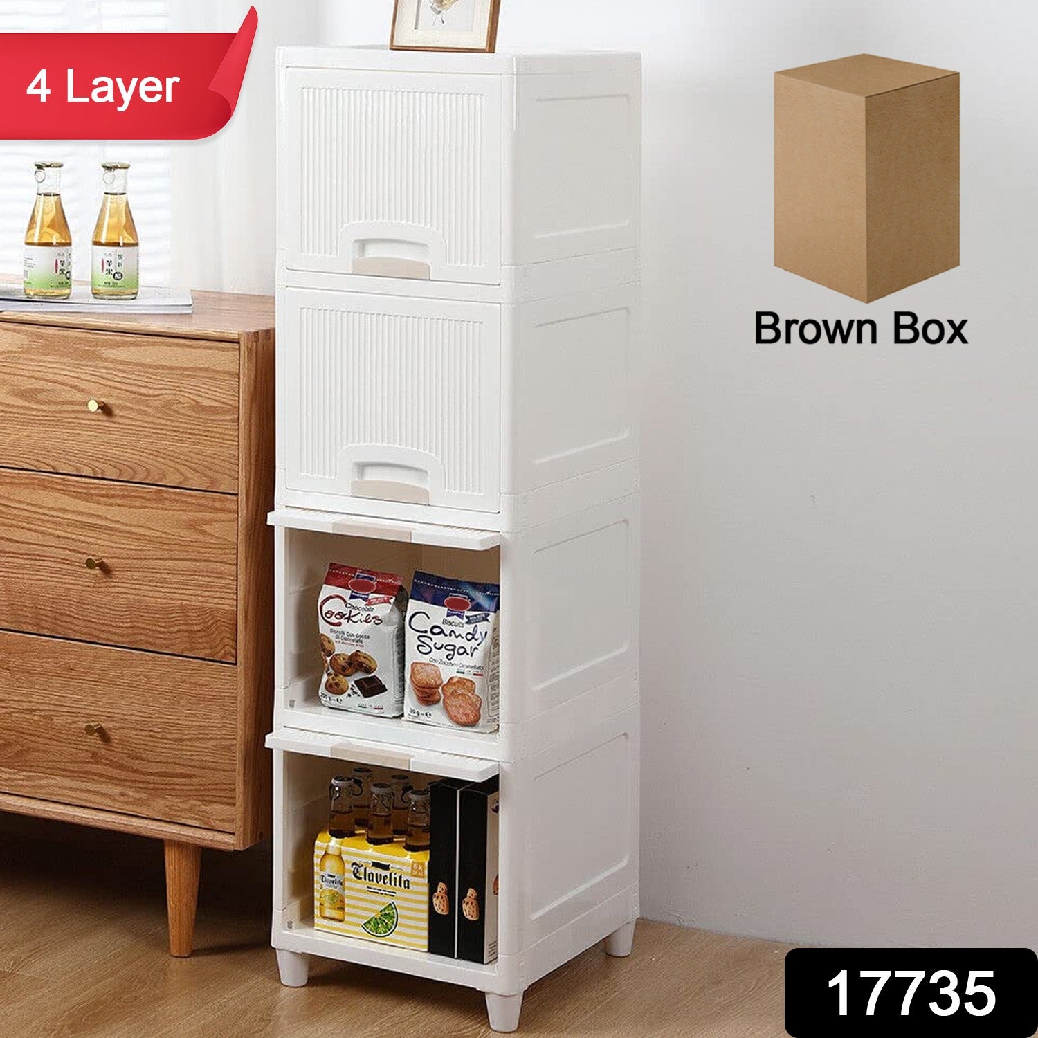 Wukusy 4-layer plastic storage cabinet with foldable drawers, ideal for kitchen, bathroom, or bedroom organization.