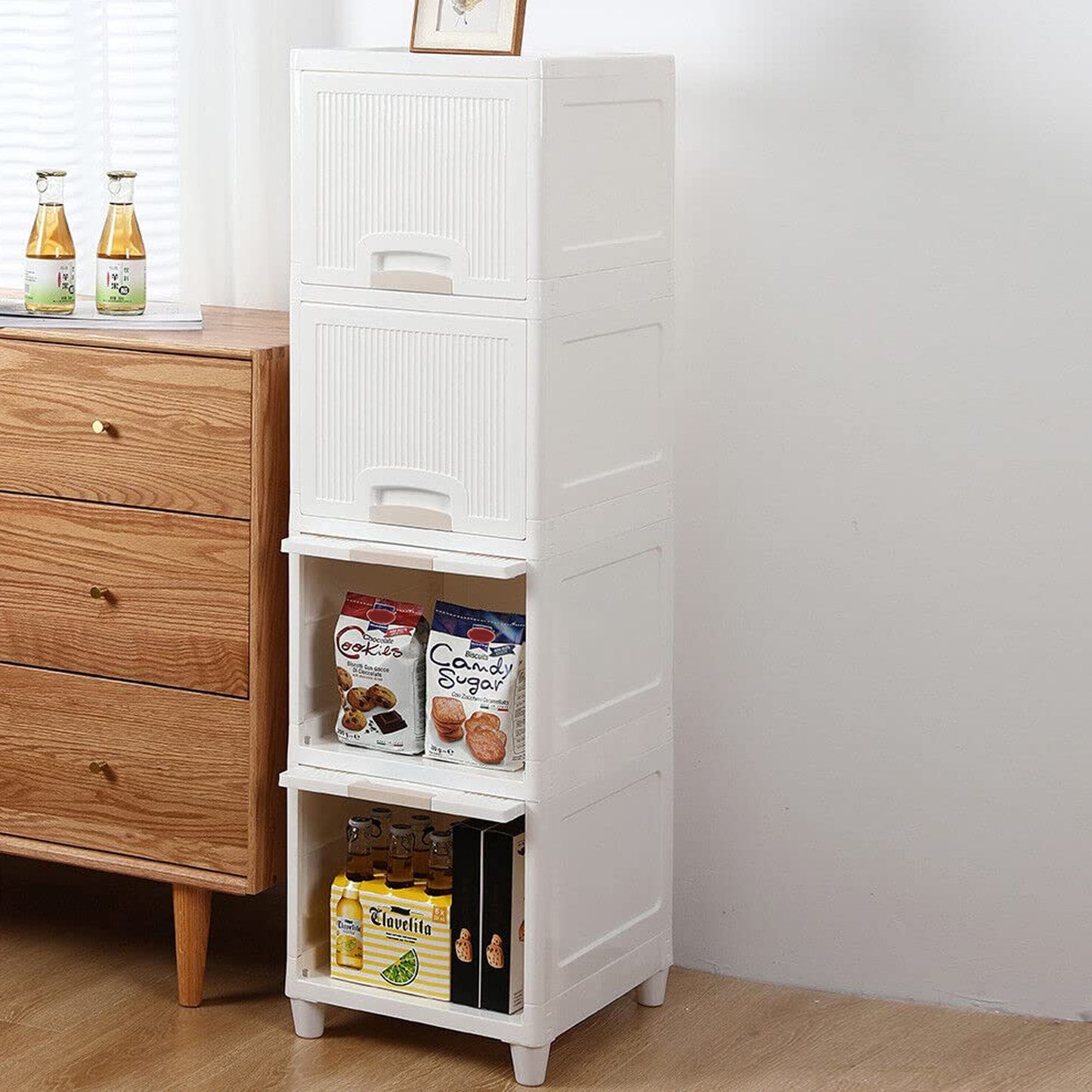 Wukusy 4-layer plastic storage cabinet with foldable drawers, ideal for kitchen, bathroom, or bedroom organization.