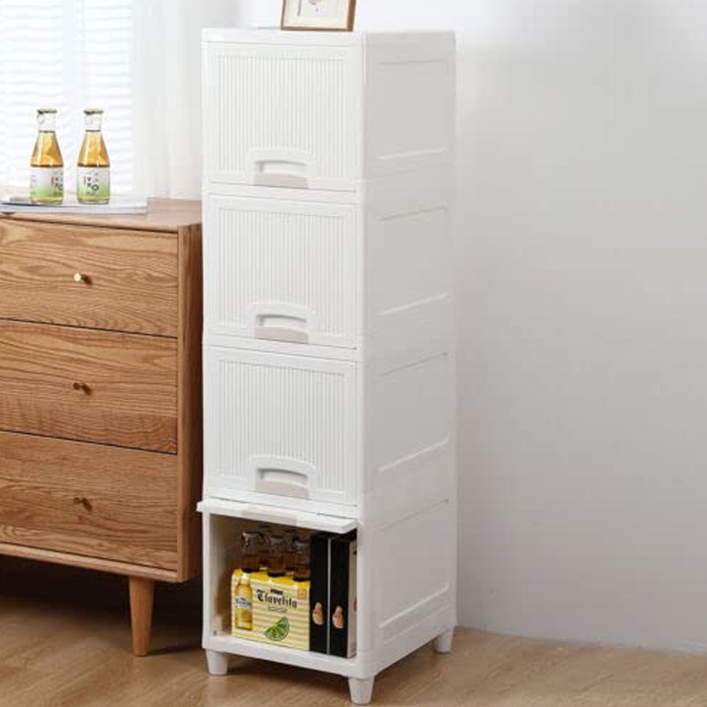 Wukusy 4-layer plastic storage cabinet with foldable drawers, ideal for kitchen, bathroom, or bedroom organization.