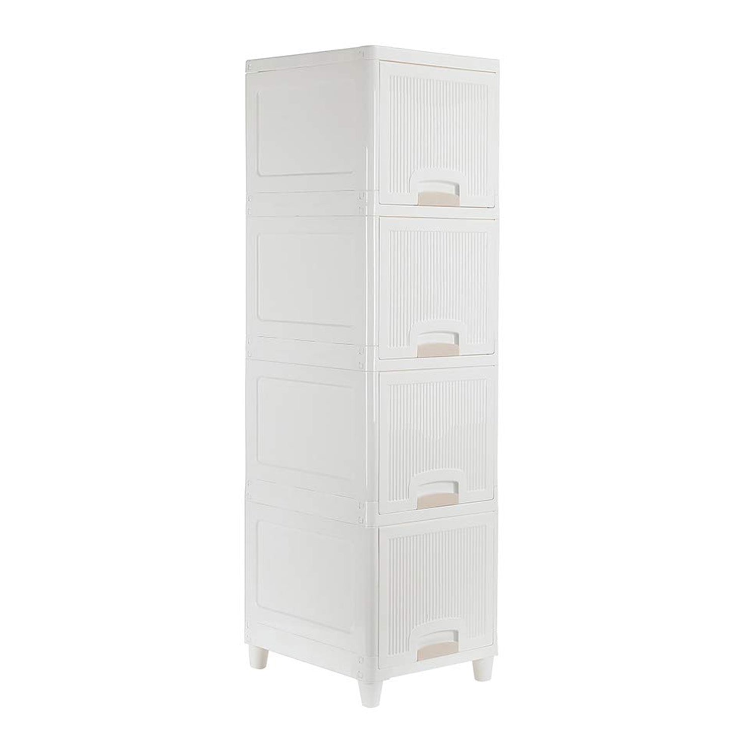Wukusy 4-layer plastic storage cabinet with foldable drawers for kitchen, bathroom, bedroom organization and wardrobe storage.