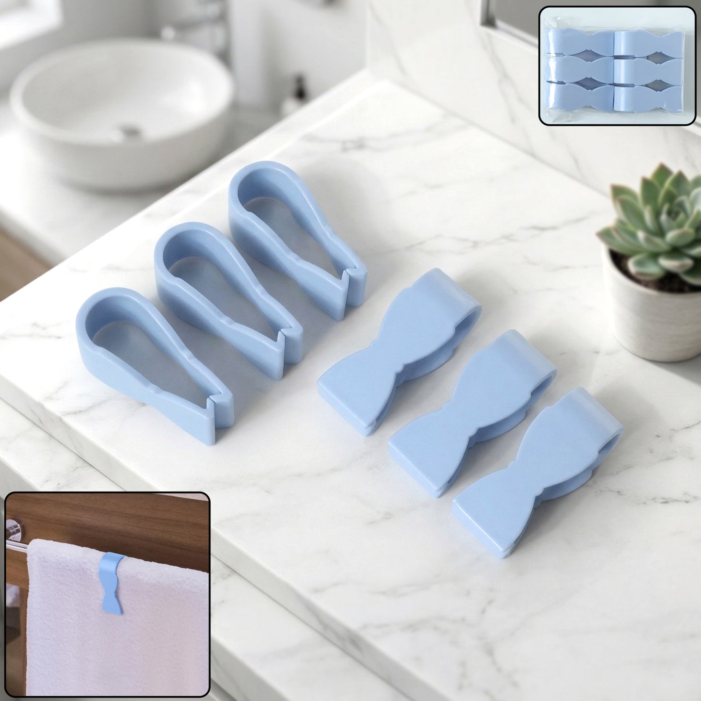 Set of six Wukusy multipurpose towel holder clips on a white background, showing flexible, durable clips for towels and other uses.