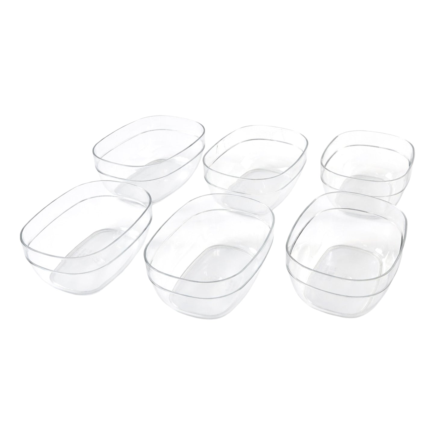 Six clear Wukusy multipurpose serving and storage bowls set, with transparent, stackable design for kitchen organization and serving.