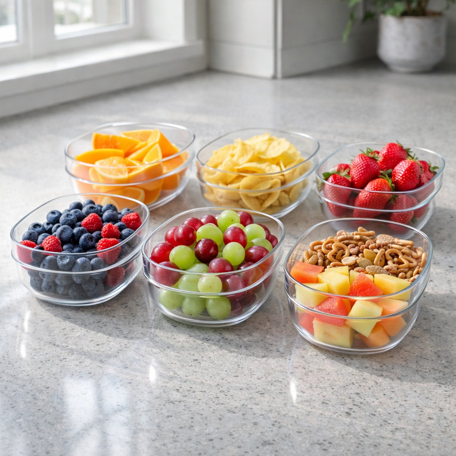 Six transparent Wukusy multipurpose serving and storage bowls set, clear plastic bowls for food serving and storage.