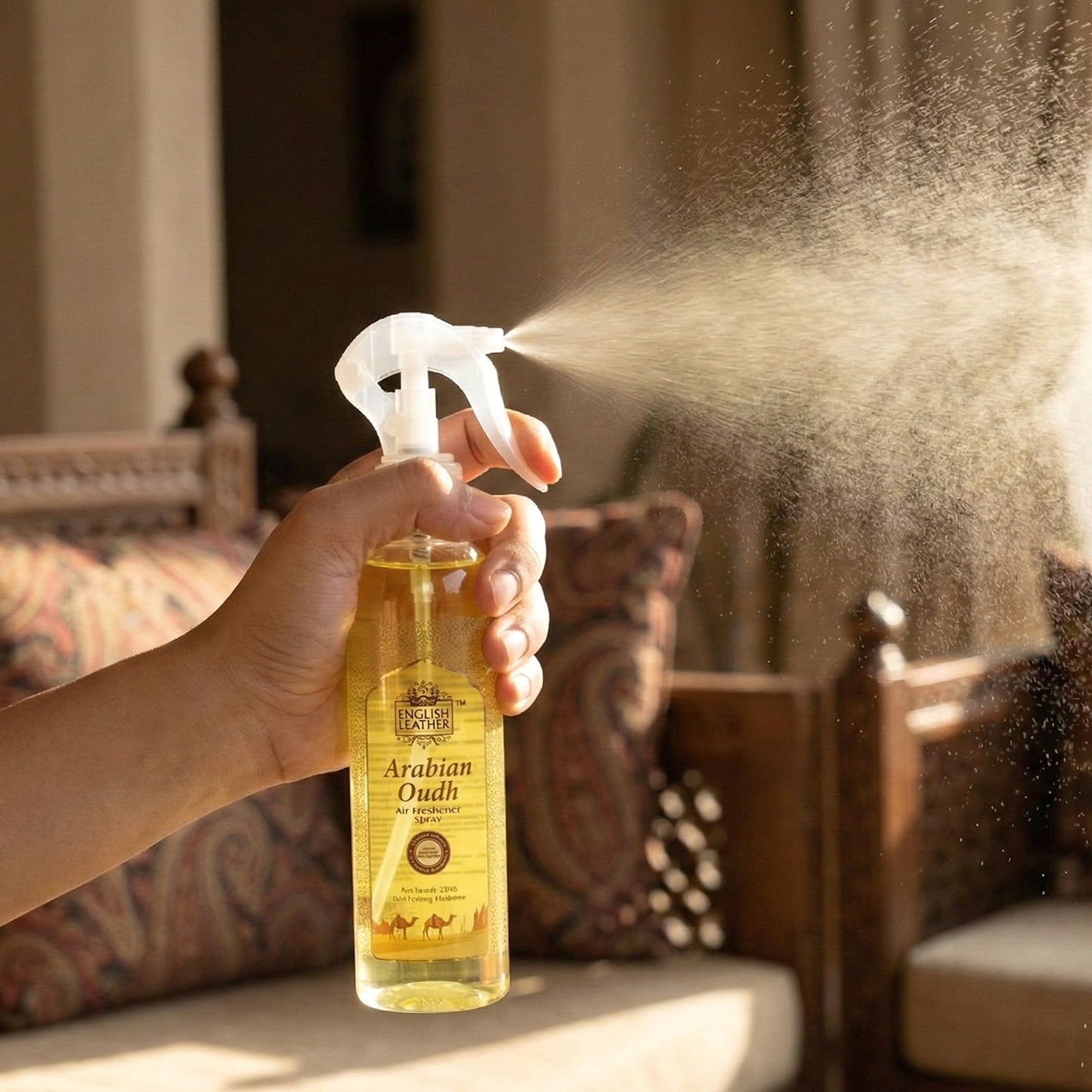 Wukusy Next Premium Arabian Oudh air freshener spray 250 ml bottle with elegant design and Arabic-inspired branding.