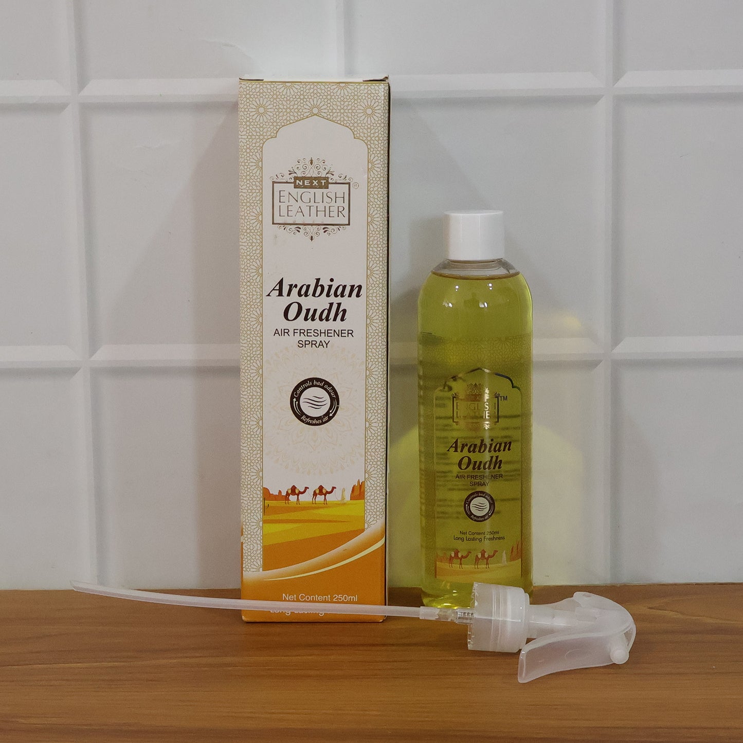 Next Premium Arabian Oudh air freshener spray by Wukusy in a 250ml bottle with a sleek design.