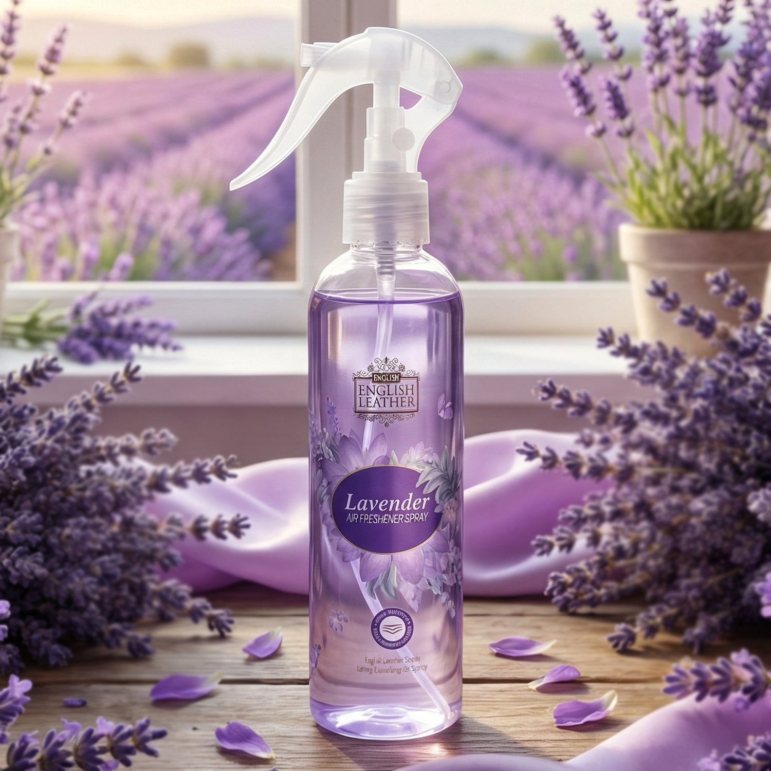 Wukusy Next Premium English Leather Lavender Air Freshener Spray 250ml bottle with lavender scent and leather accents.