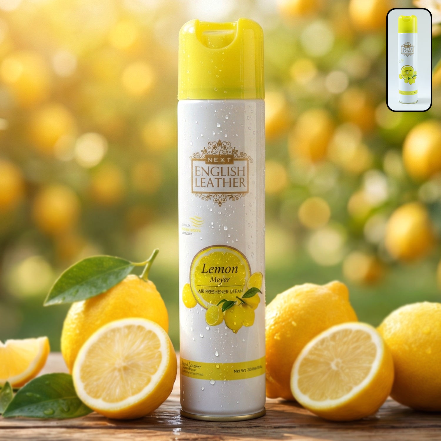 Wukusy Next Premium English Leather Lemon Air Freshener Spray 220ml bottle with a sleek design and fresh lemon scent.