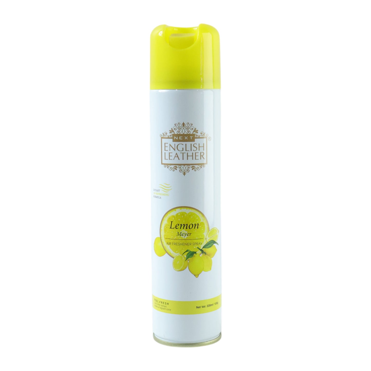 Wukusy Next Premium English Leather Lemon air freshener spray bottle, 220 ml, with a sleek design and fresh citrus scent.