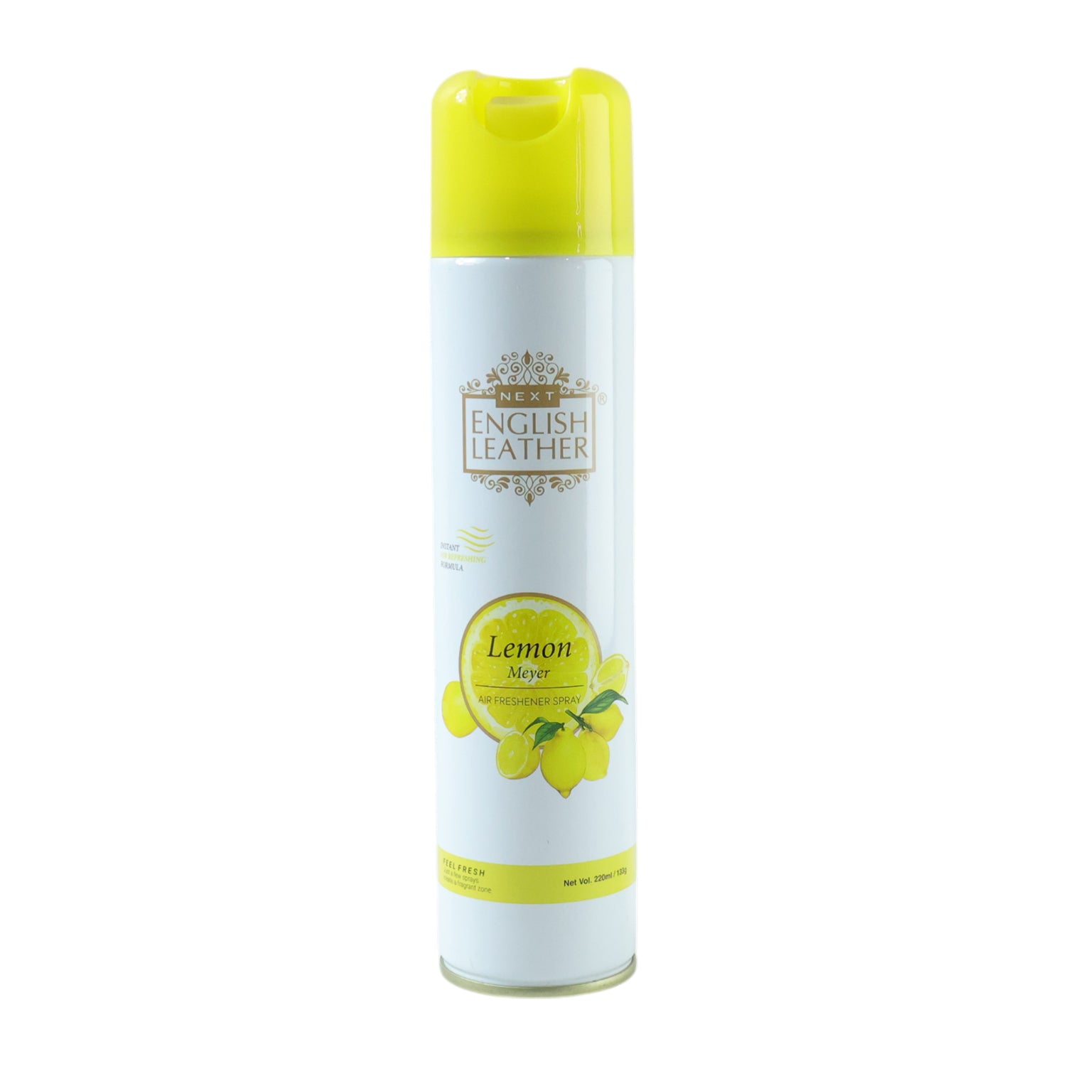 Wukusy Next Premium English Leather Lemon air freshener spray bottle, 220 ml, with a sleek design and fresh citrus scent.