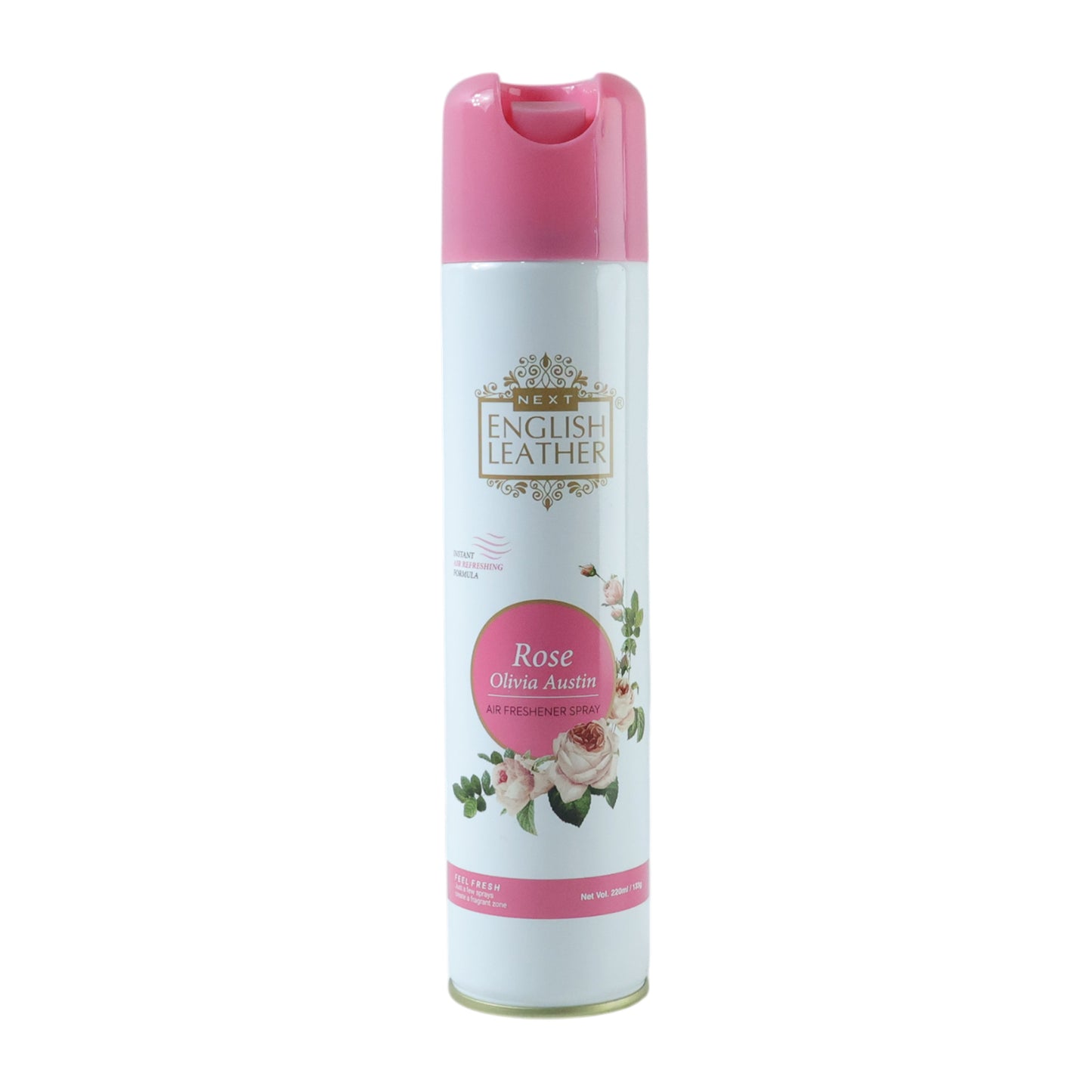 Wukusy Next Premium English Leather Rose air freshener spray bottle, 220 ml, with floral and leather scent design.