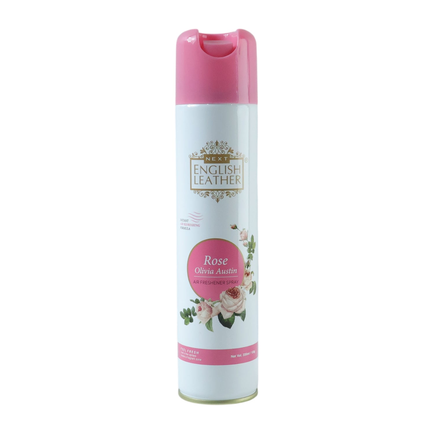 Wukusy Next Premium English Leather Rose air freshener spray bottle, 220 ml, with floral and leather scent design.