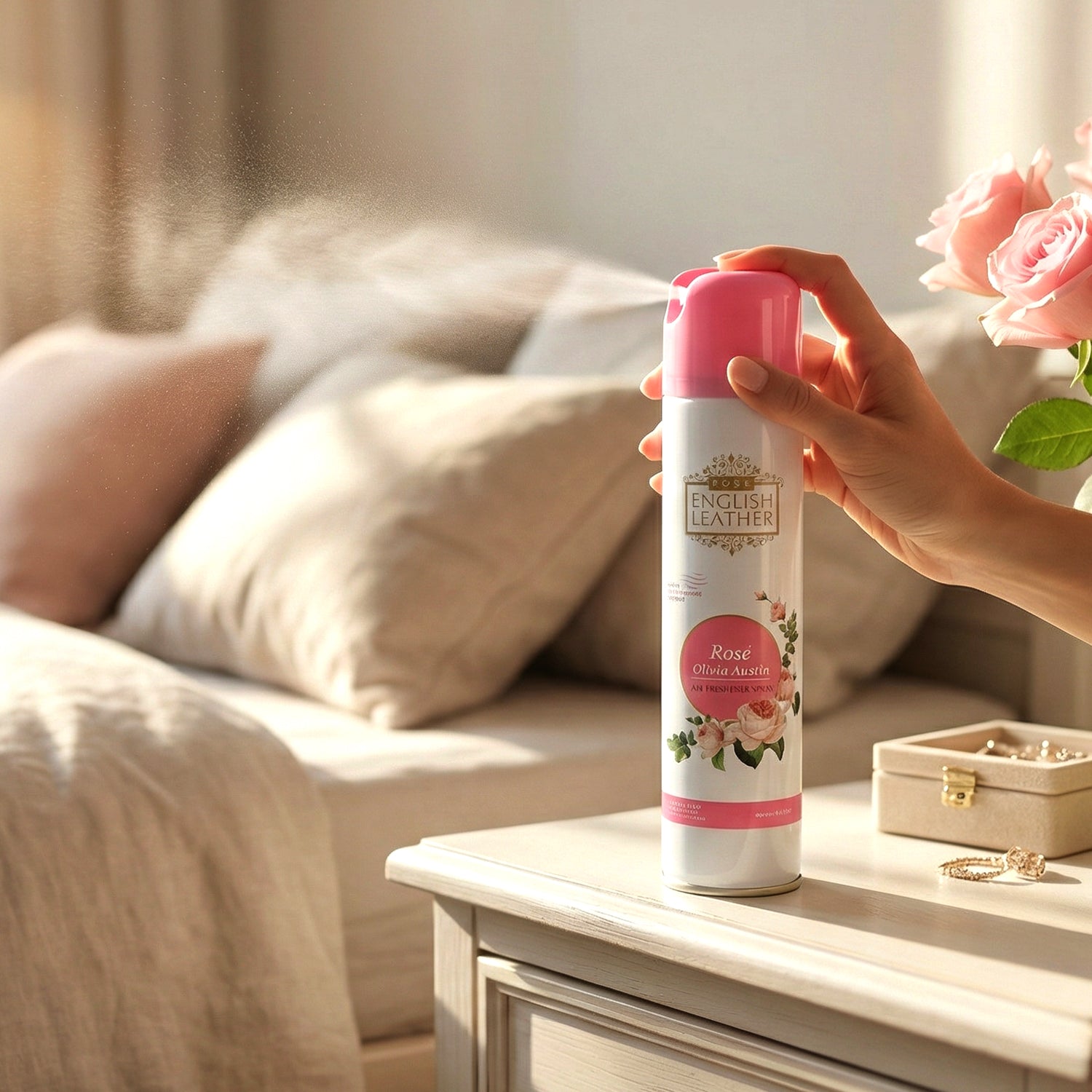 Wukusy Next Premium English Leather Rose air freshener spray bottle, 220ml, with elegant packaging and floral rose design.
