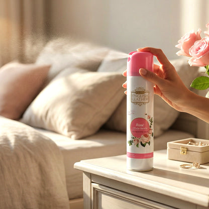 Wukusy Next Premium English Leather Rose air freshener spray bottle, 220ml, with elegant packaging and floral rose design.