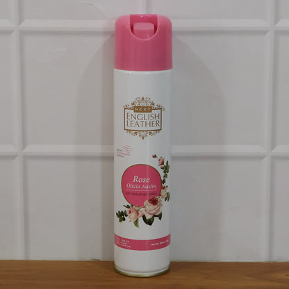 Next Premium English Leather Rose air freshener spray by Wukusy, 220 ml bottle with a sleek design and floral scent.