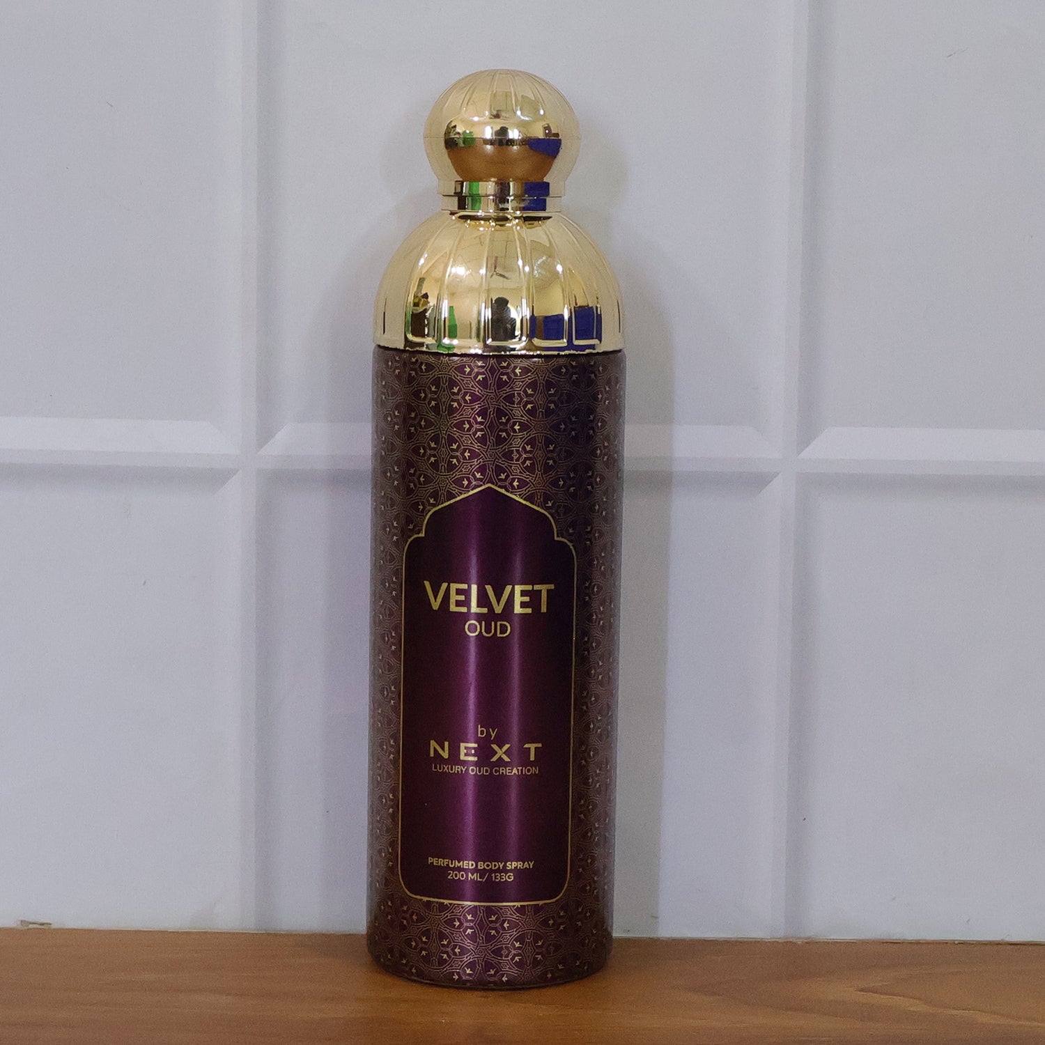 Wukusy Next Velvet Oud Premium Perfumed Body Spray 200ml bottle with a sleek design and luxurious fragrance label.