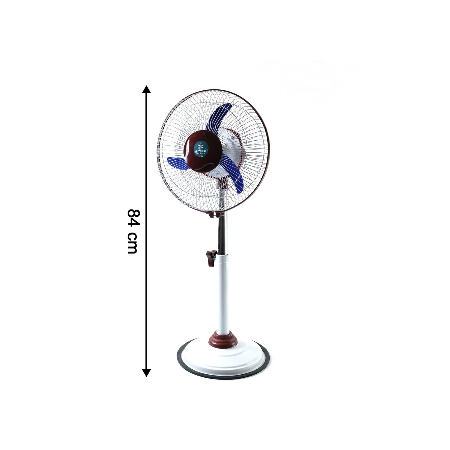 Wukusy Omega 12V rechargeable pedestal fan with LED light, showing adjustable fan head and modern design.