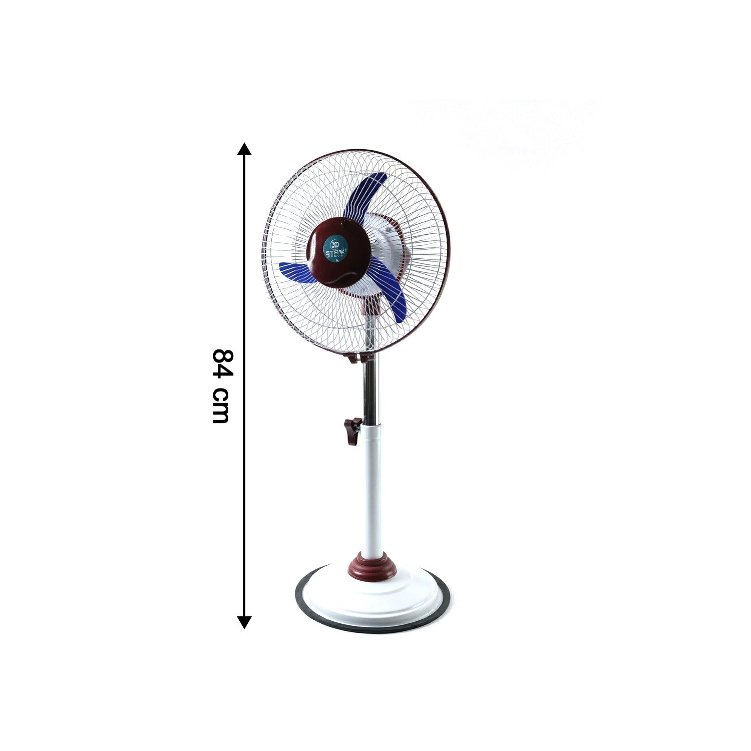 Wukusy Omega 12V rechargeable pedestal fan with LED light, showing adjustable fan head and modern design.