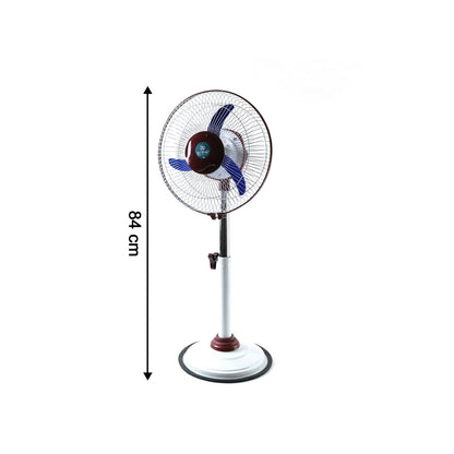 Wukusy Omega 12V rechargeable pedestal fan with LED light, showing adjustable fan head and modern design.