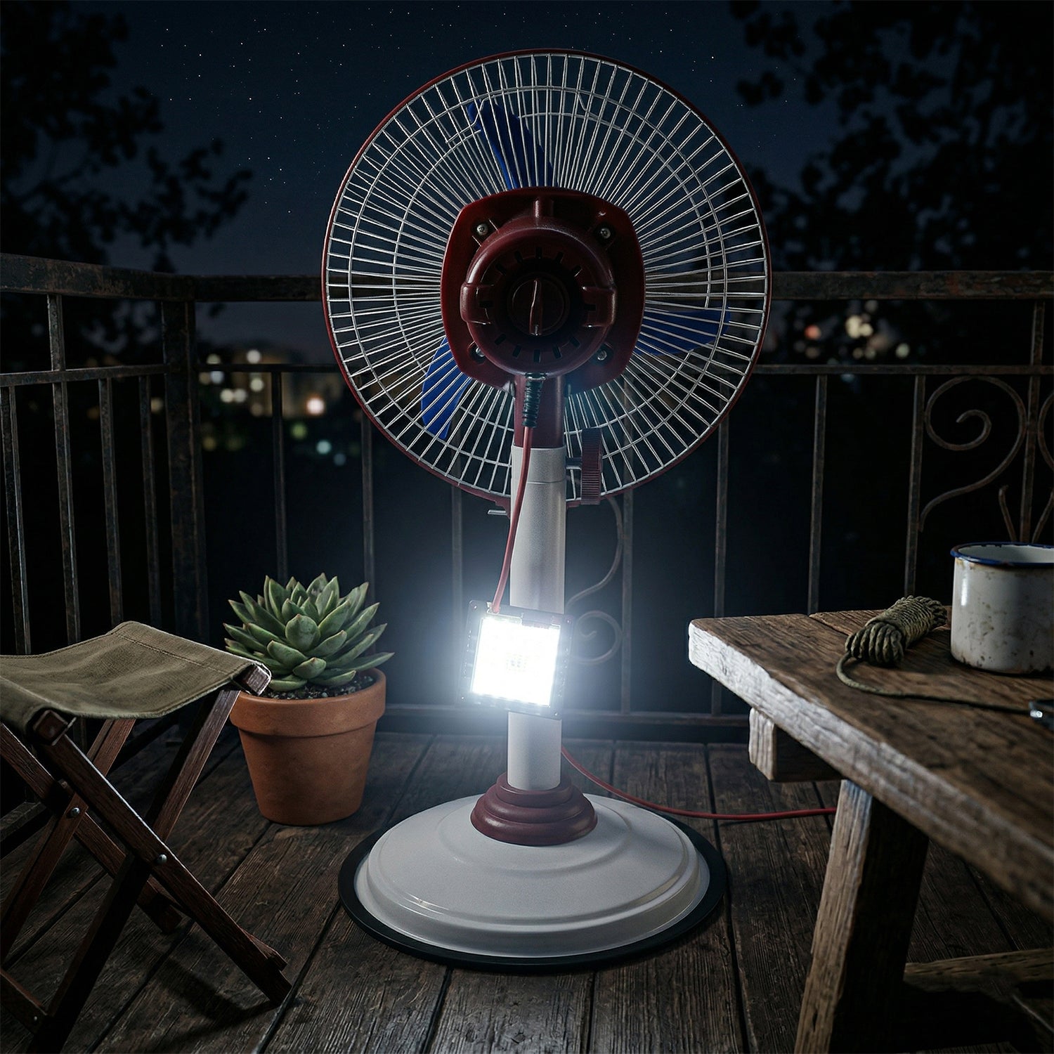 Wukusy Omega 12V rechargeable pedestal fan with LED light, standing on a base with adjustable height and illuminated controls.