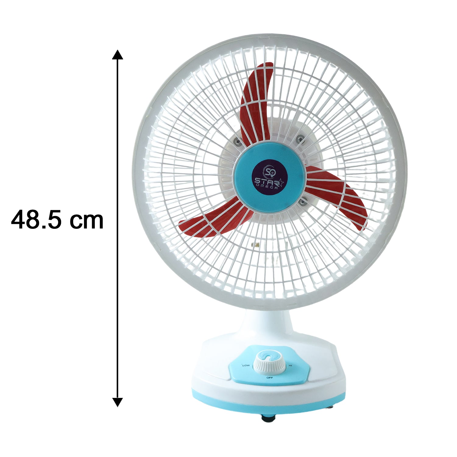 Wukusy Omega 12V rechargeable table fan with LED light, compact design, white finish, and adjustable fan blades.