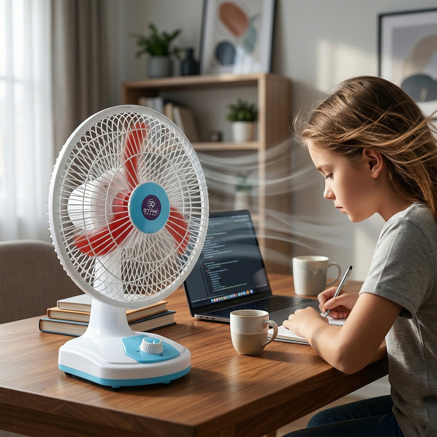 Wukusy Omega 12V rechargeable table fan with LED light, compact fan showing blades and control panel on a table.