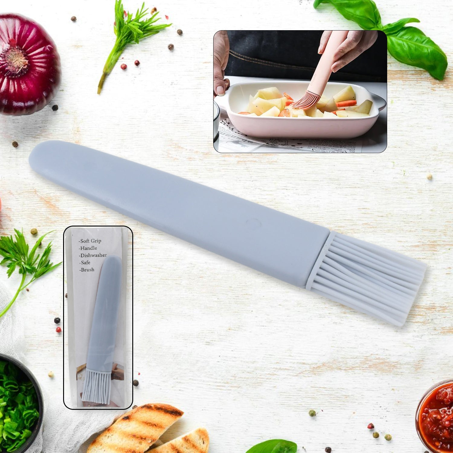 Wukusy silicone pastry brush with wooden handle for basting, BBQ sauce, marinade, and oil on meat and baked goods.