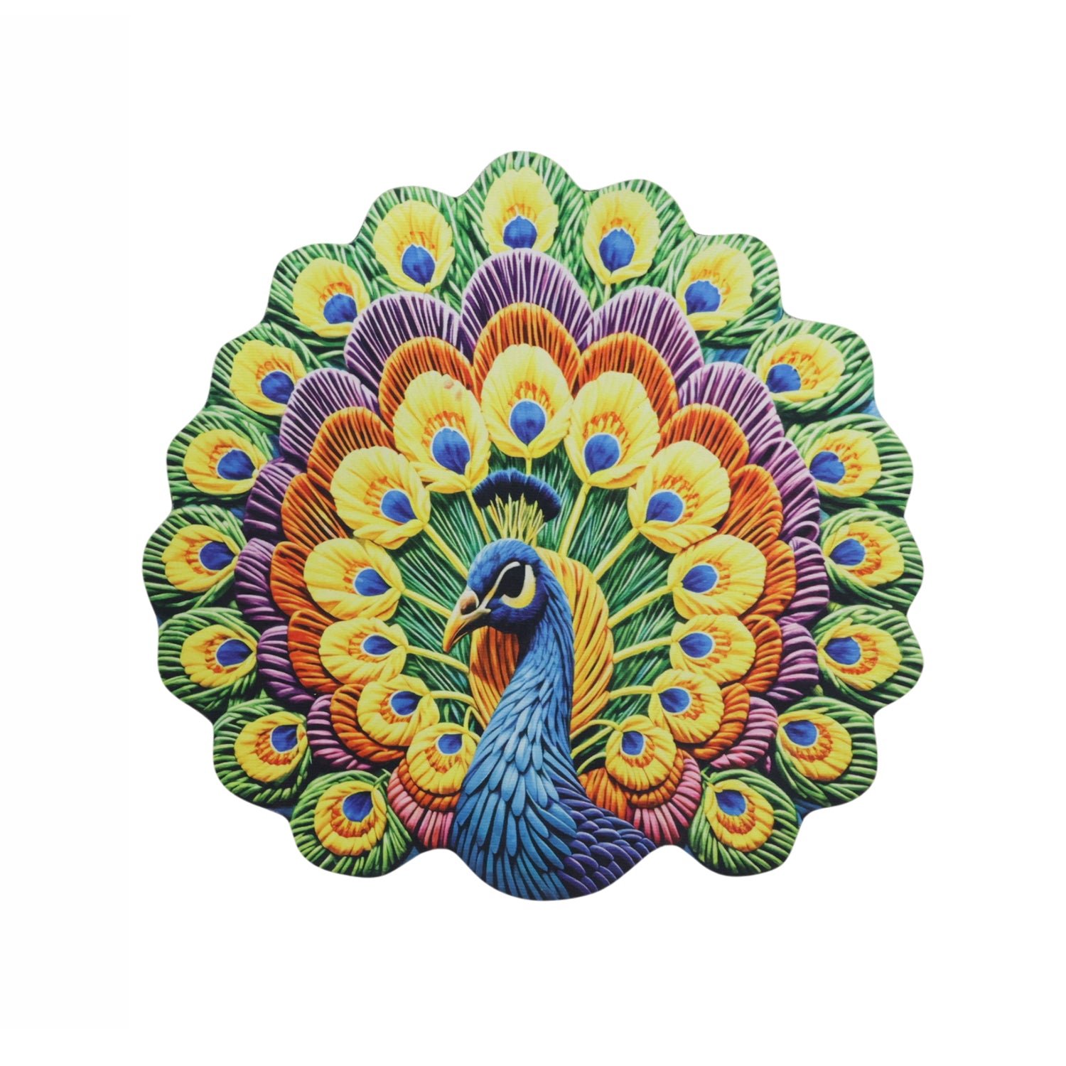 Decorative floor mat with peacock design, 58x58 cm, by Wukusy, featuring vibrant colors and intricate pattern for home decor.