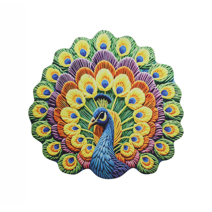 Decorative floor mat with peacock design, 58x58 cm, by Wukusy, featuring vibrant colors and intricate pattern for home decor.