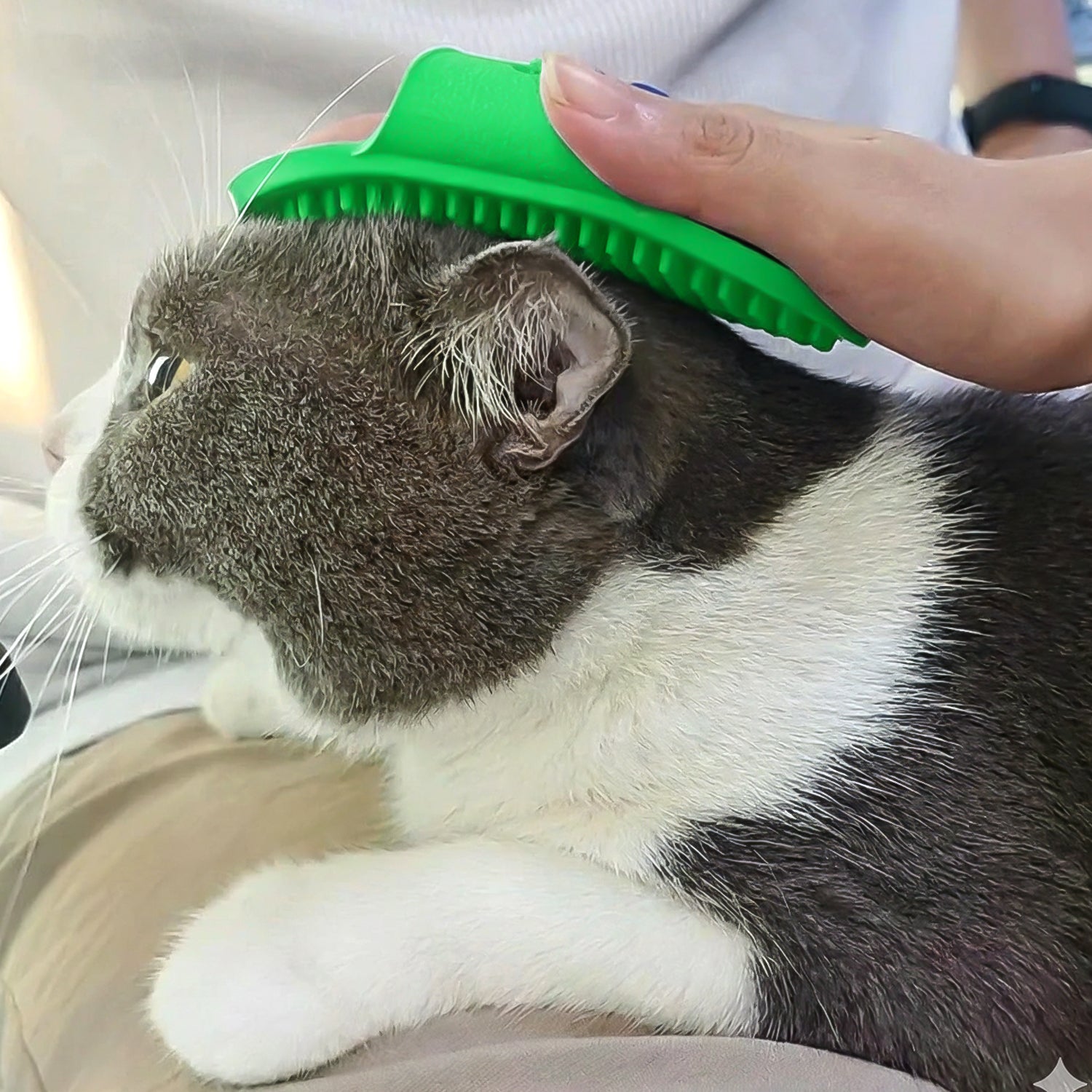 Wukusy pet grooming bath brush with adjustable hand strap for dogs and cats, showing the ergonomic brush in use.