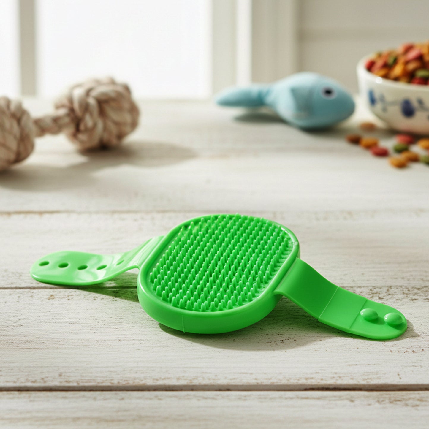 Wukusy pet grooming bath brush with adjustable hand strap for dogs and cats, ideal for gentle bathing and fur cleaning.