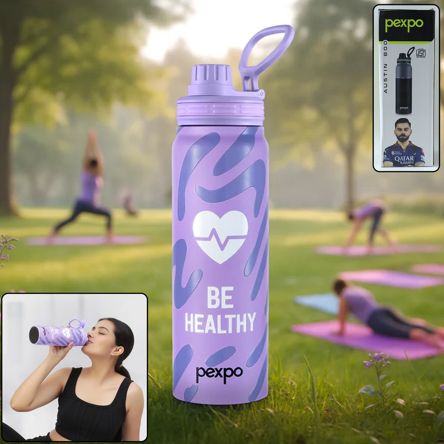 Wukusy Pexpo Austin Art stainless steel water bottle, 800ml capacity, with a sleek design and lid, on a plain background.