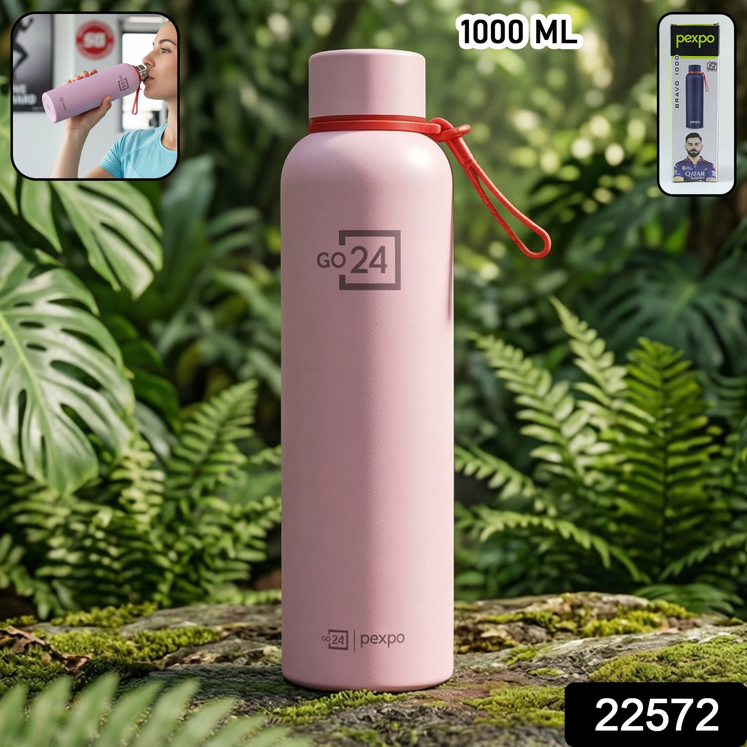 Wukusy Pexpo Bravo vacuum-insulated stainless steel water bottle, 1000 ml, with a sleek design for hot and cold beverages.