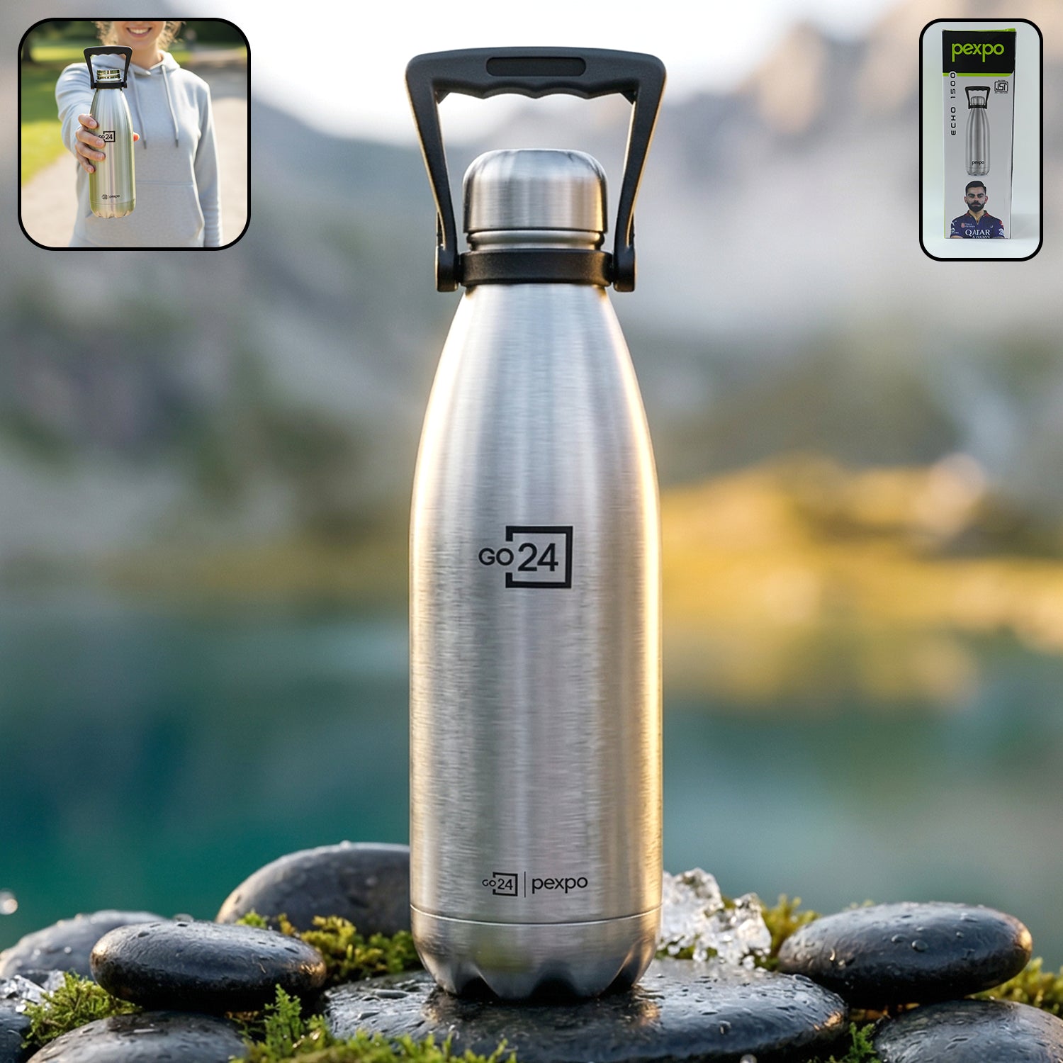 Wukusy Pexpo Echo vacuum-insulated stainless steel water bottle, 1500 ml, with a sleek design for hot and cold beverages.