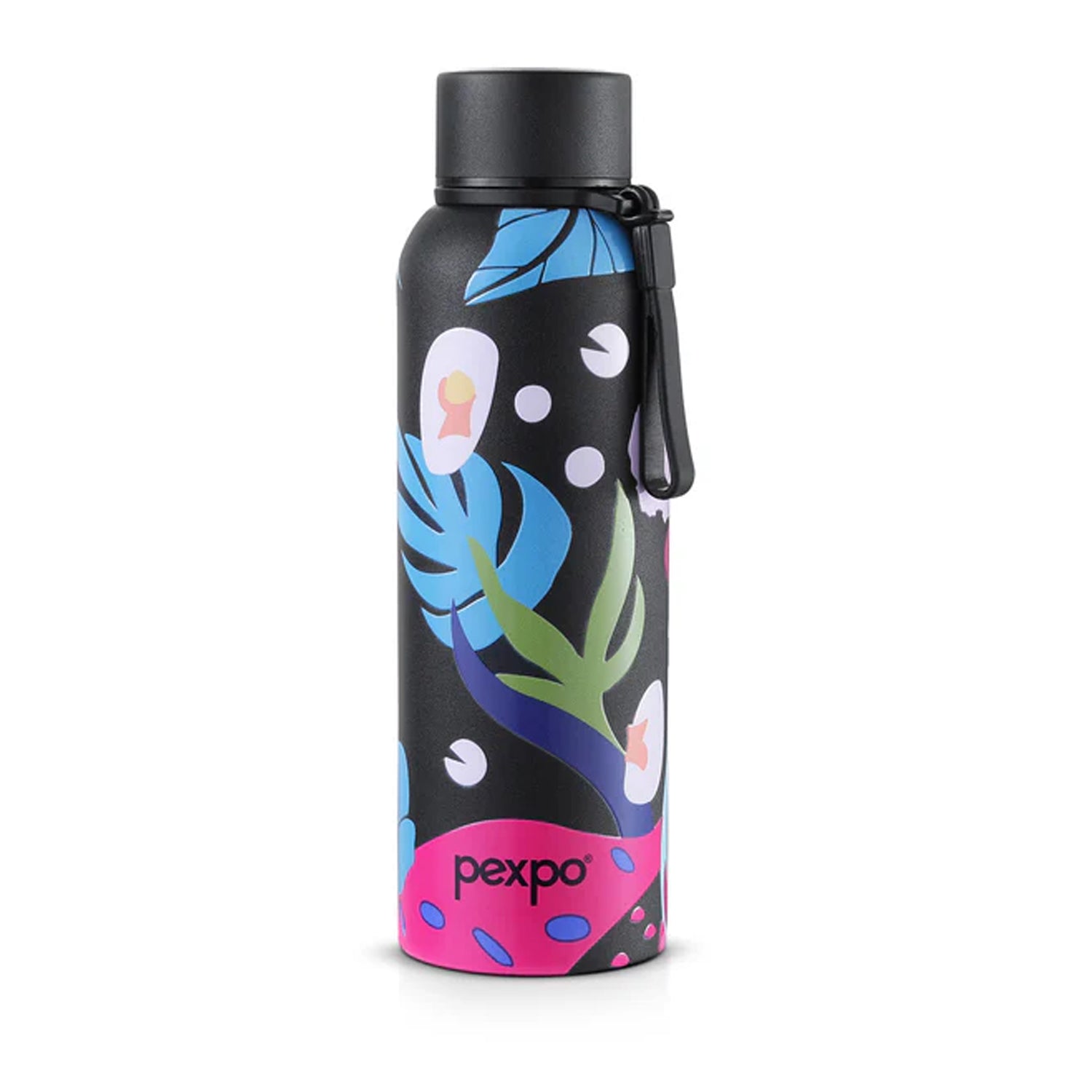Wukusy Pexpo stainless steel printed water bottle, 800ml capacity, with colorful design, standing upright on a white background.