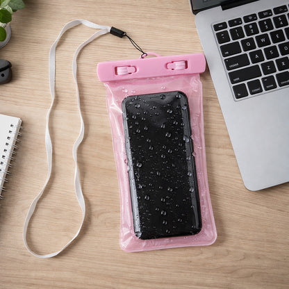 Pink waterproof phone pouch by Wukusy, clear mobile cover designed to protect smartphones from water and dust.