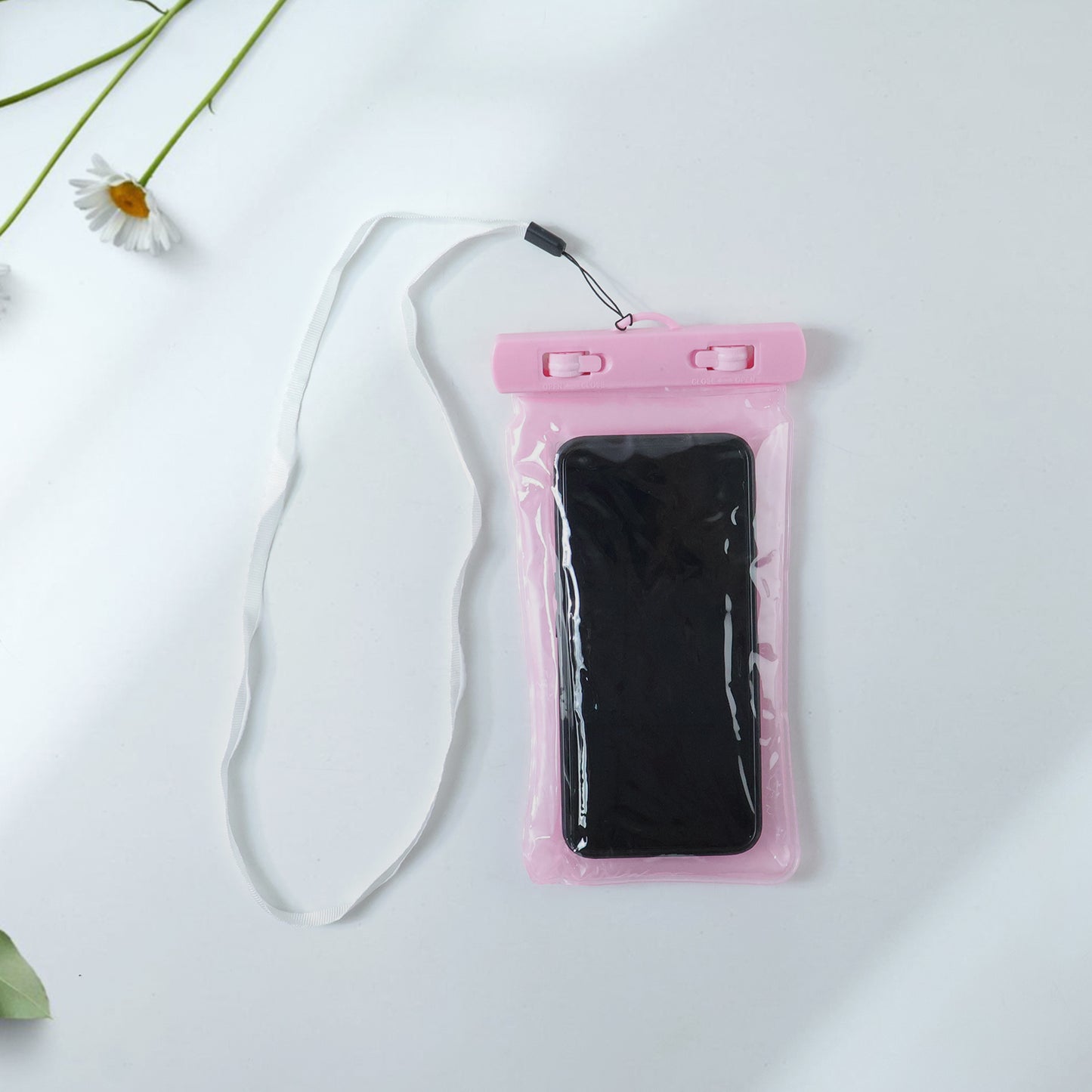 Pink waterproof phone pouch bag by Wukusy, versatile mobile cover protecting smartphone from water and moisture.