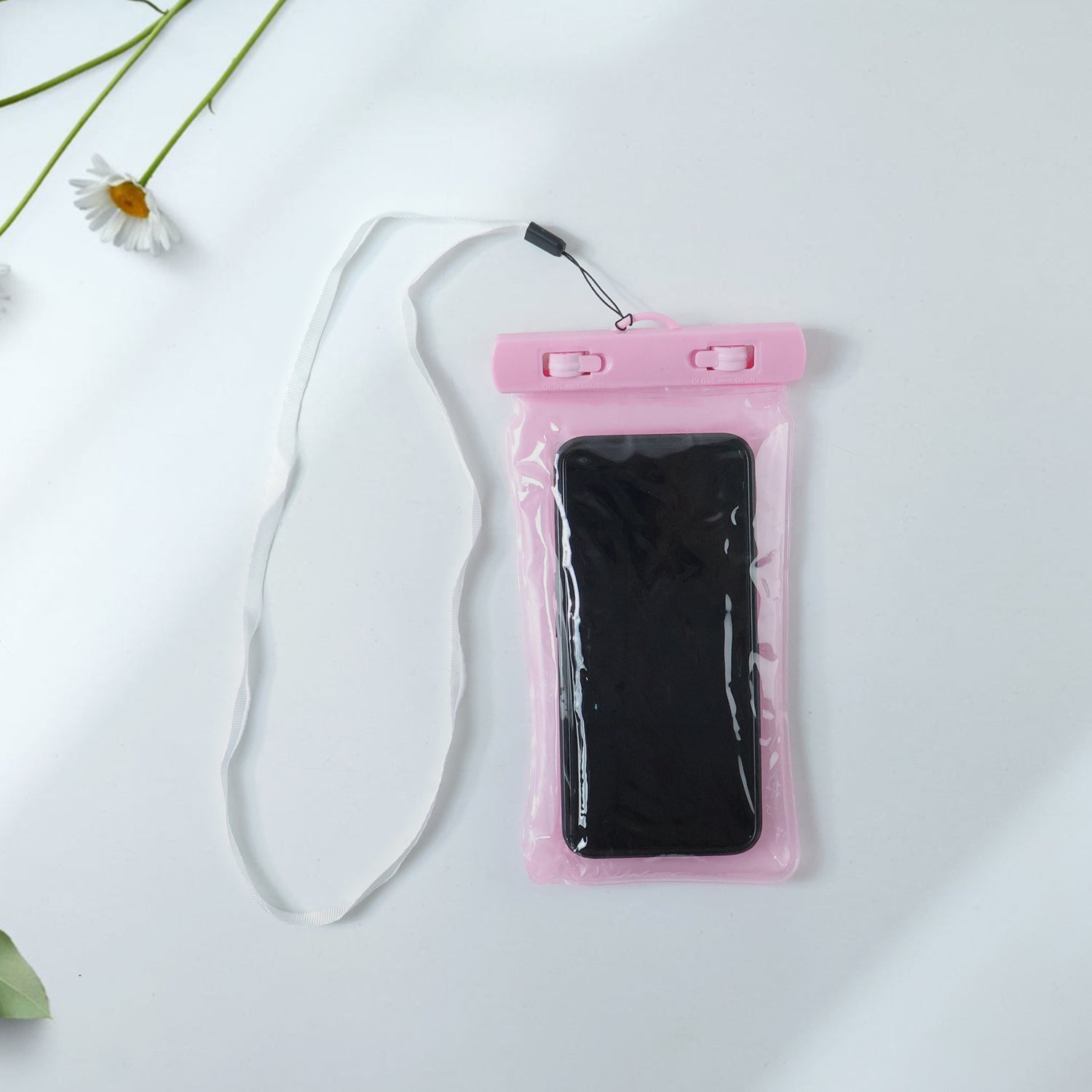 Pink waterproof phone pouch bag by Wukusy, versatile mobile cover protecting smartphone from water and moisture.