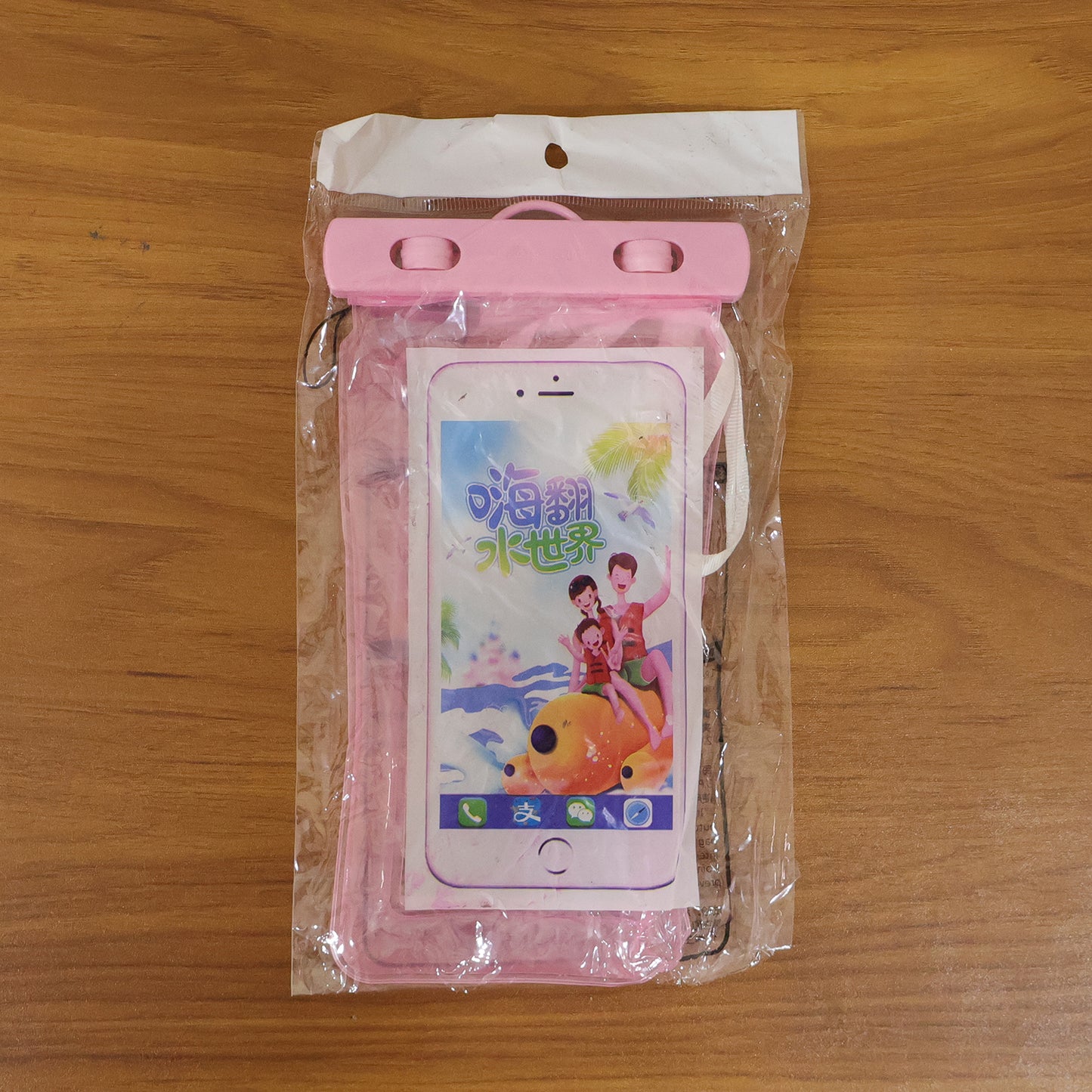 Pink waterproof phone pouch by Wukusy, clear mobile cover with secure closure, designed for protecting smartphones from water and dust.