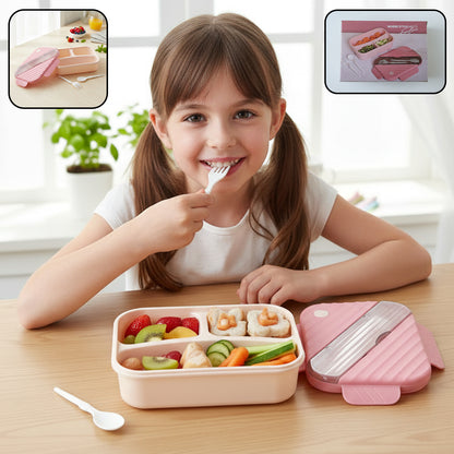 Colorful plastic 3-compartment lunch box for kids by Wukusy, featuring separate sections for snacks and meals.