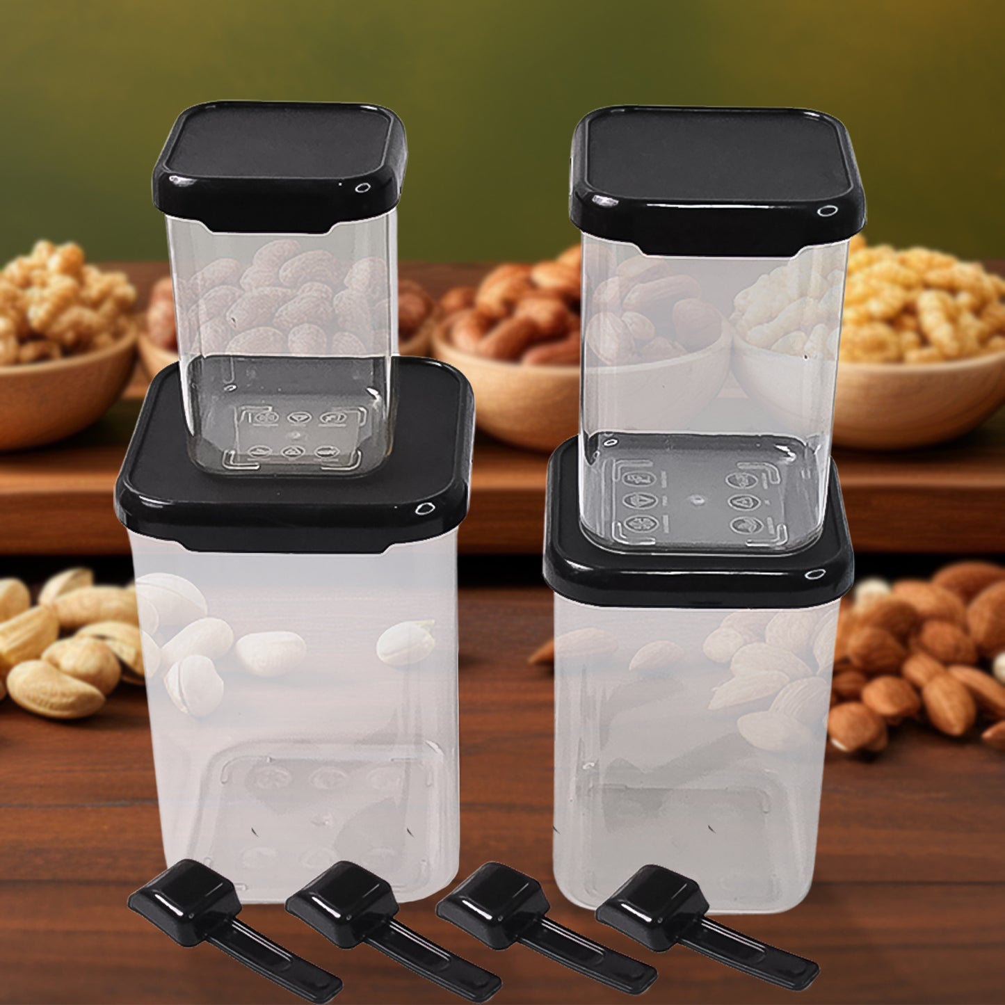 Wukusy plastic airtight container storage set with four containers and four spoons, ideal for kitchen organization and food preservation.