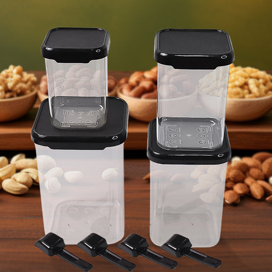 Wukusy plastic airtight container storage set with four containers and four spoons, ideal for kitchen organization and food preservation.