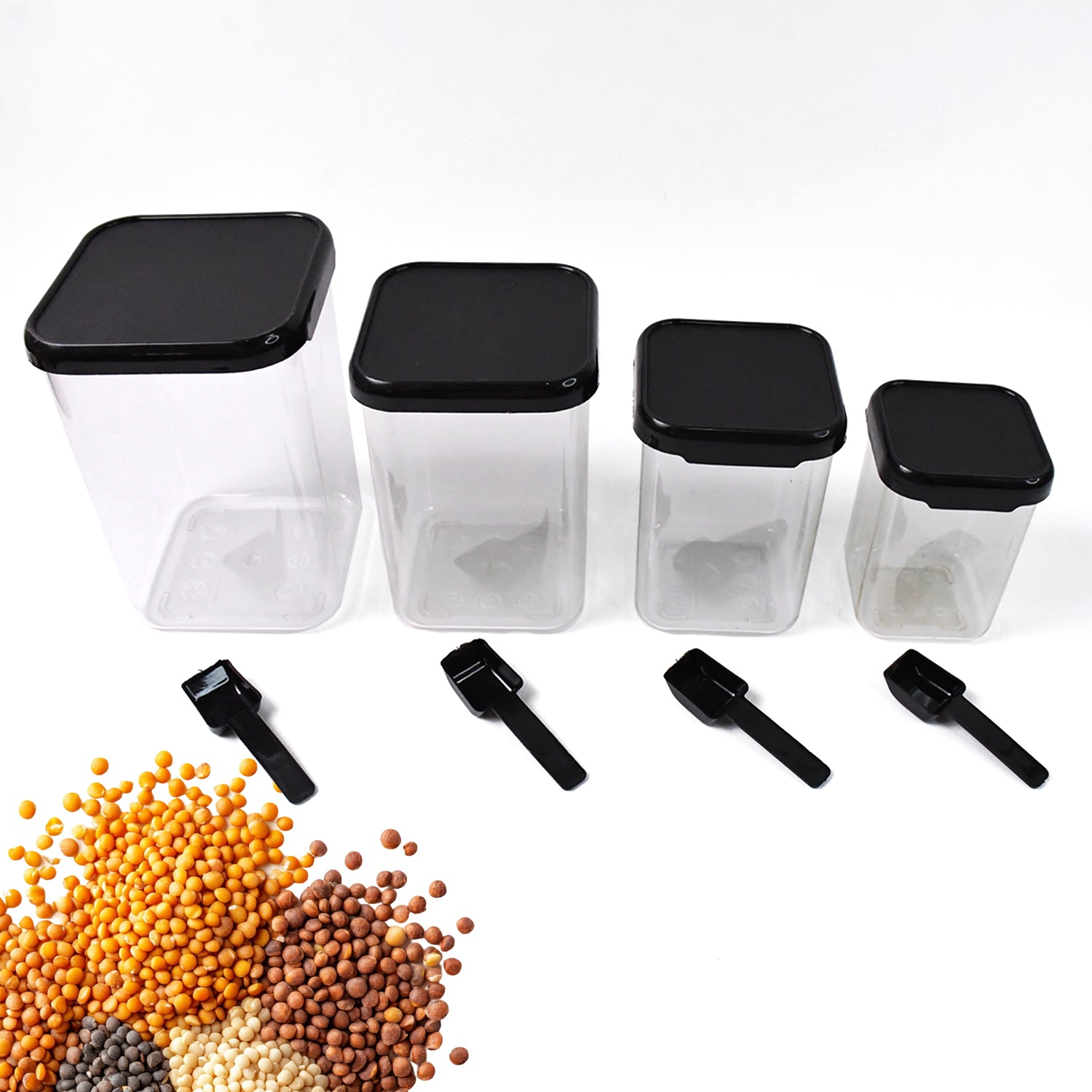 Wukusy plastic air-tight storage containers set with four containers and four spoons for kitchen organization and freshness.