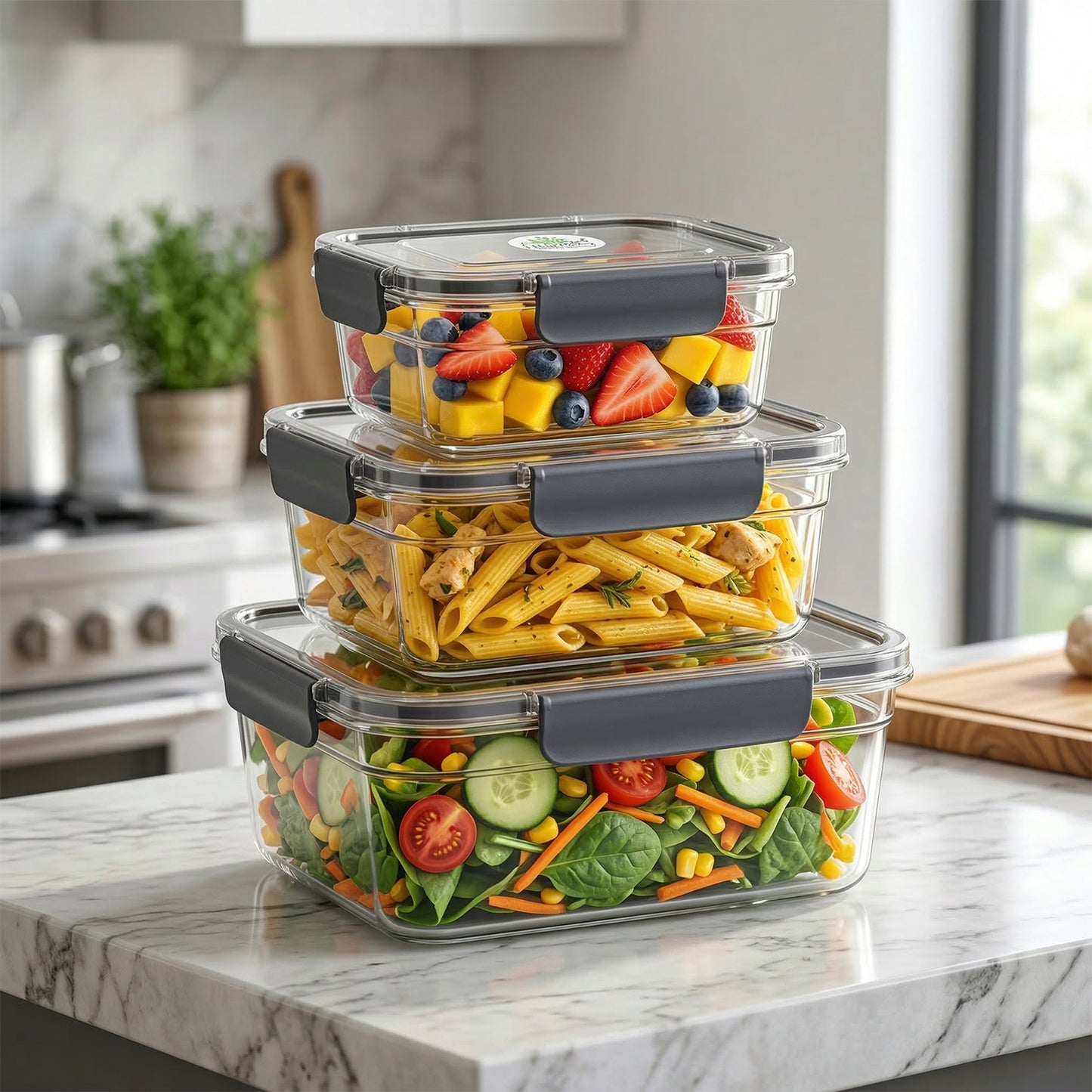 Wukusy plastic airtight food storage container set with three sizes: 750ml, 1500ml, and 2800ml, in clear plastic containers.