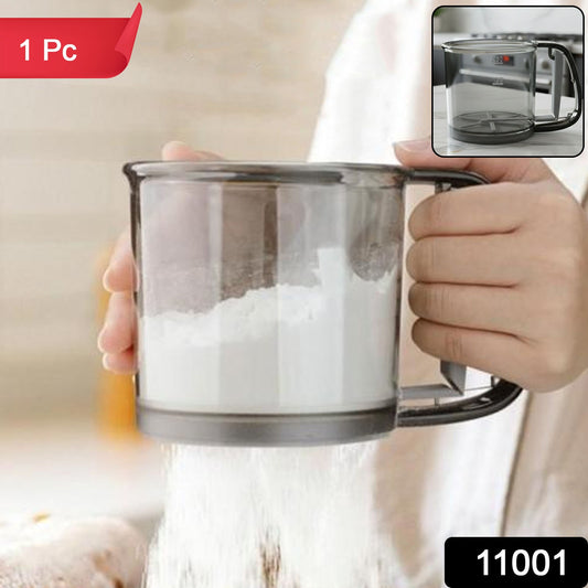 Wukusy plastic flour sieve cup with handle and fine mesh filter for baking and kitchen sifting tasks