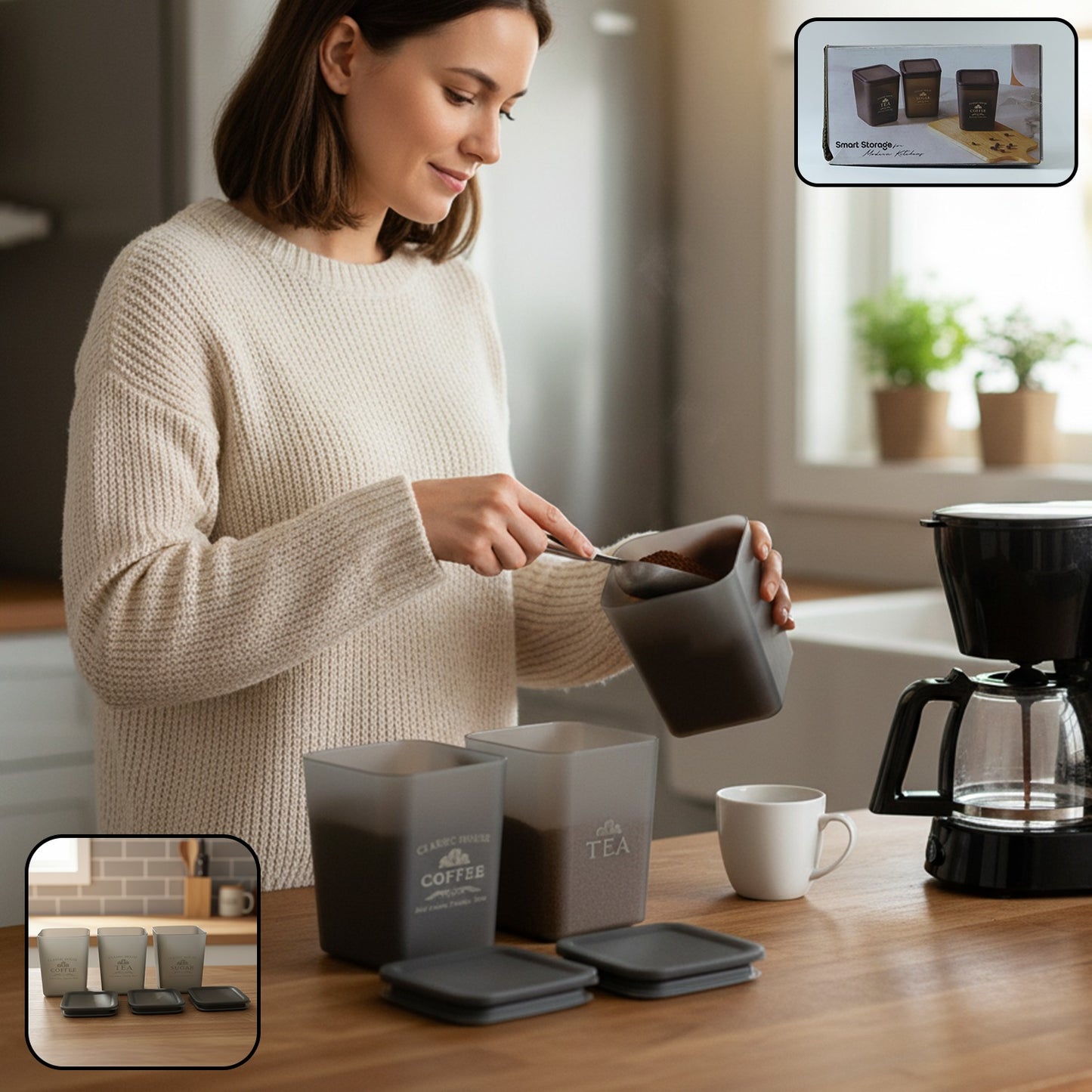 Wukusy plastic kitchen storage container set with three clear, airtight storage jars for pantry organization.