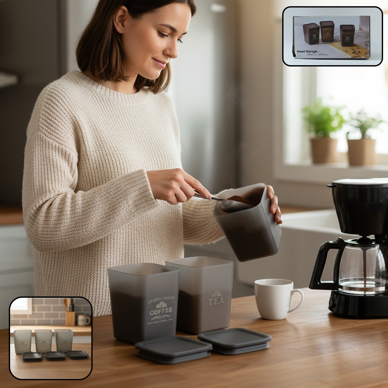 Wukusy plastic kitchen storage container set with three clear, airtight storage jars for pantry organization.