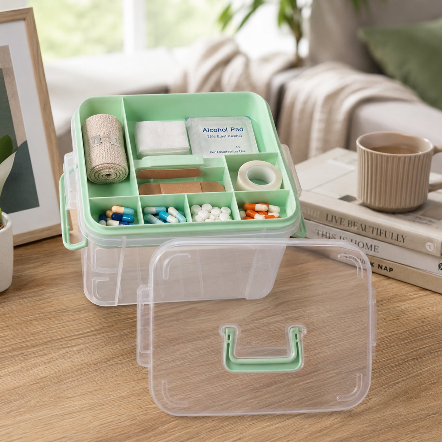 Wukusy plastic medicine storage box with lid, first aid tablet organizer, healthcare container for pills and small medical supplies.