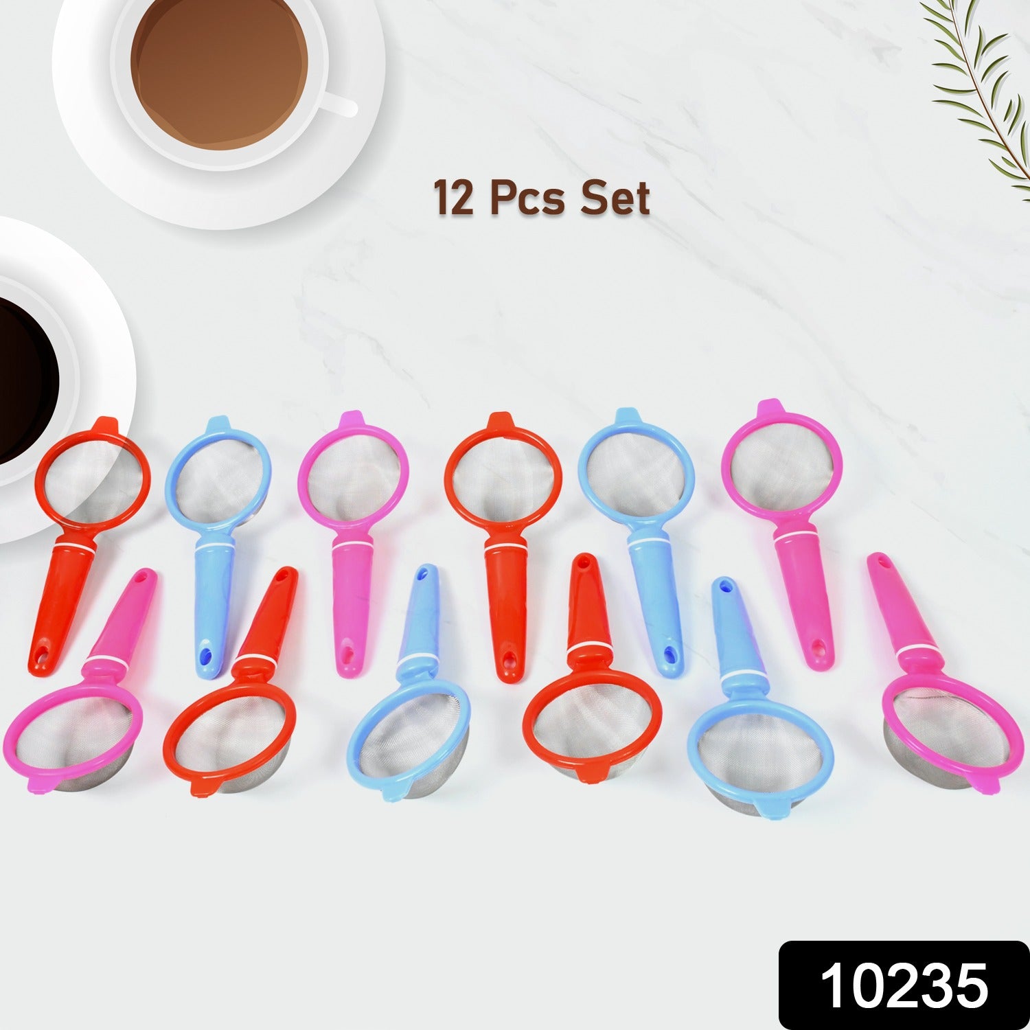 Set of 12 Wukusy plastic multipurpose tea and coffee strainers with fine mesh for brewing and filtering beverages.