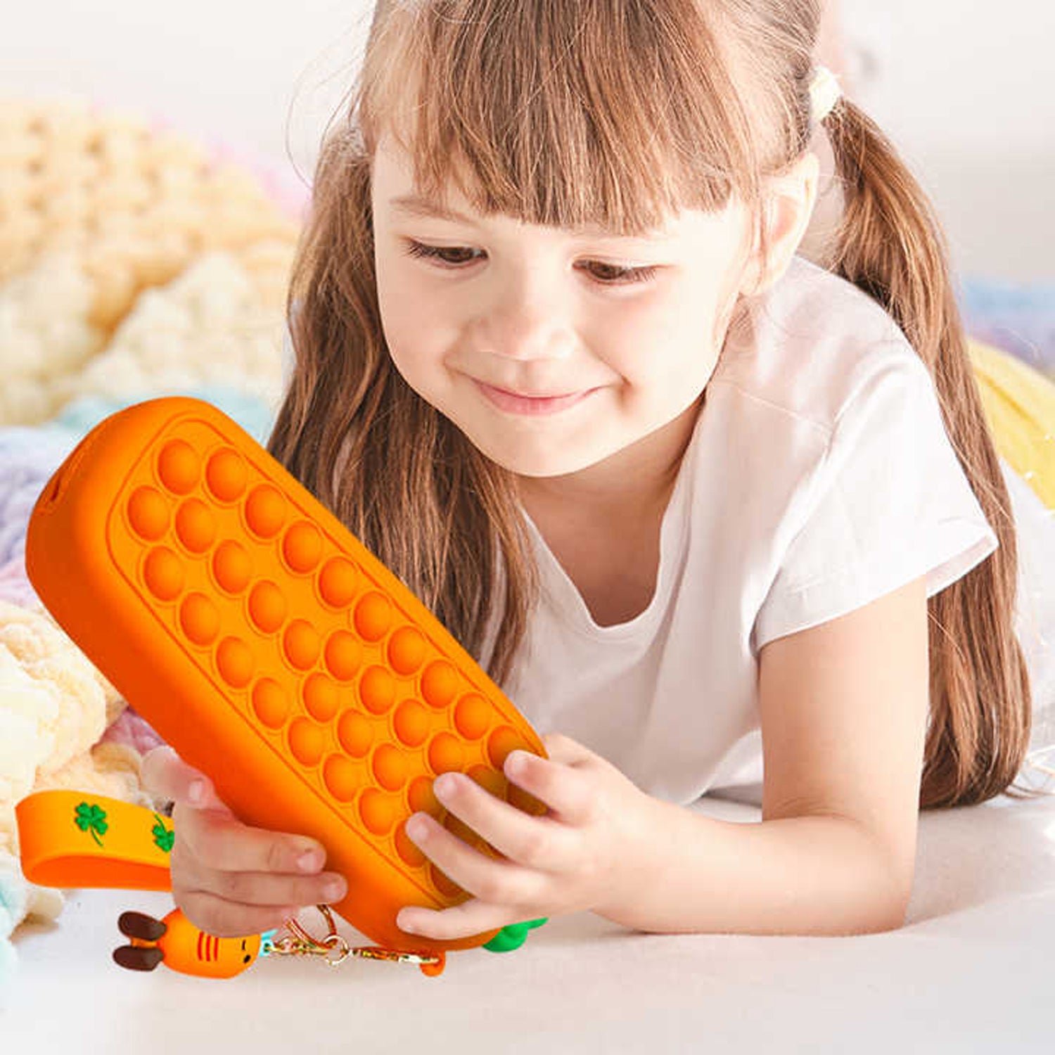 Wukusy Pop It pencil pouch with zipper, colorful silicone sensory toy and storage case for stationery accessories.